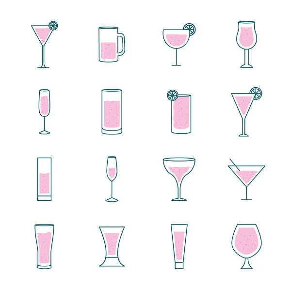 Cocktails glasses cups line and fill style icons collection vector design — Stock Vector