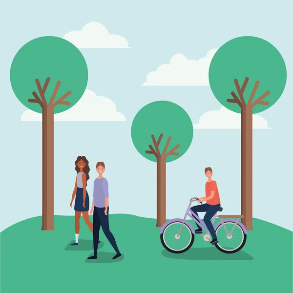 妇女和男子卡通步行和男孩骑自行车在公园与树矢量设计 — 图库矢量图片