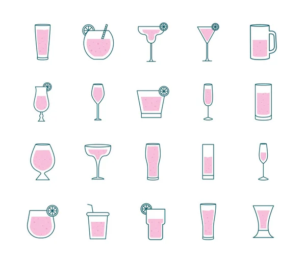 Cócteles vasos tazas línea y relleno estilo paquete de iconos de diseño vectorial — Archivo Imágenes Vectoriales