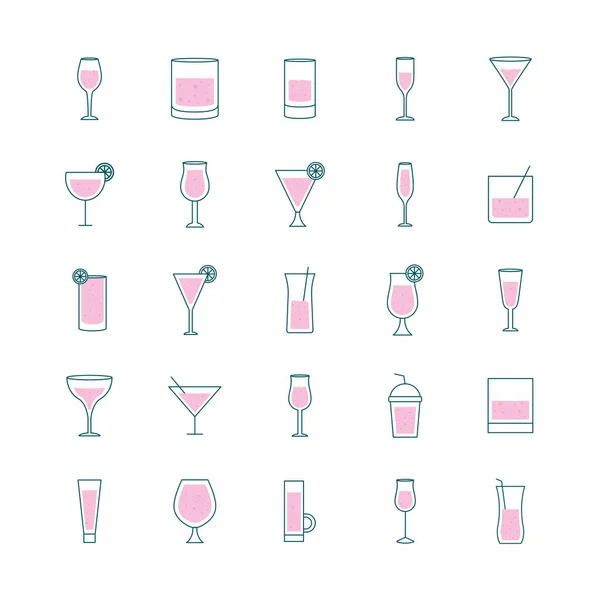 Cocktails glasses cups line and fill style symbols set vector design — Stock Vector