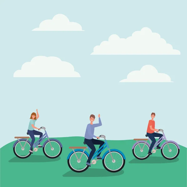 Woman and men cartoons riding bike at park vector design — Stock Vector