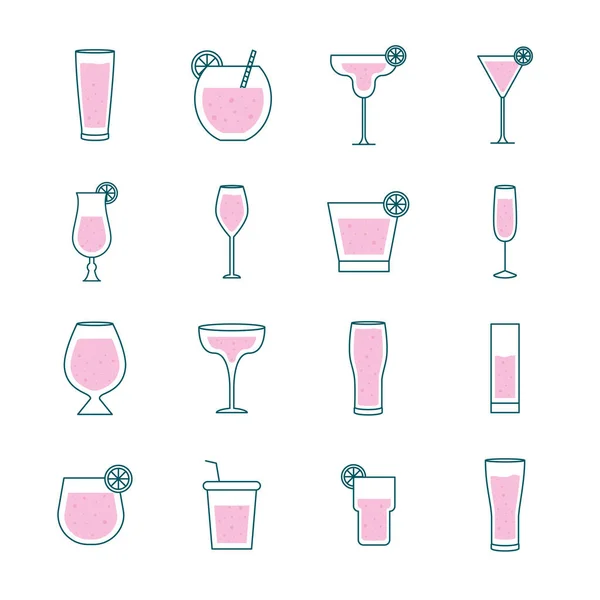 Cocktails glasses cups line and fill style collection of icons vector design — Stock Vector