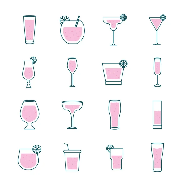 Cócteles vasos tazas línea y relleno estilo colección de iconos de diseño vectorial — Vector de stock