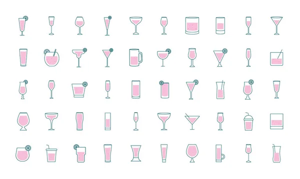 Cócteles vasos tazas línea y estilo de relleno 50 icono conjunto vector de diseño — Vector de stock