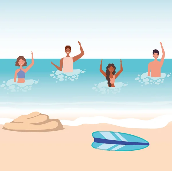 Dibujos animados para niños y niñas con traje de baño en el mar frente a la playa con diseño de vectores de tablas de surf — Archivo Imágenes Vectoriales
