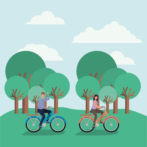 Nő és férfi rajzfilmek lovaglás kerékpár park vektor tervezés — Stock Vector