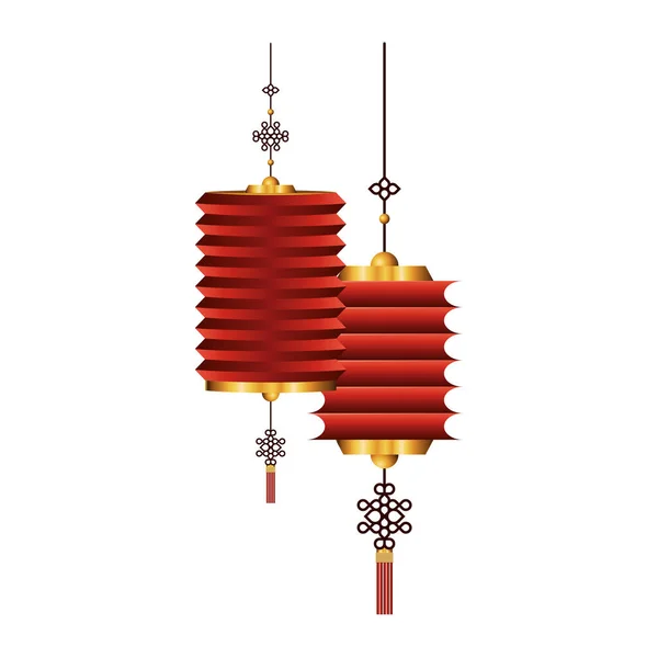 Vermelho chinês com design de vetor de lanternas de ouro — Vetor de Stock