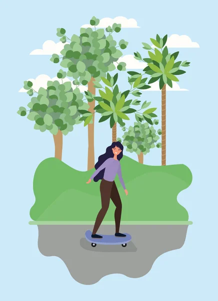 공원에서 스케이트보드 위에 있는 여자 만화 - 와우 나무 벡터 디자인 — 스톡 벡터