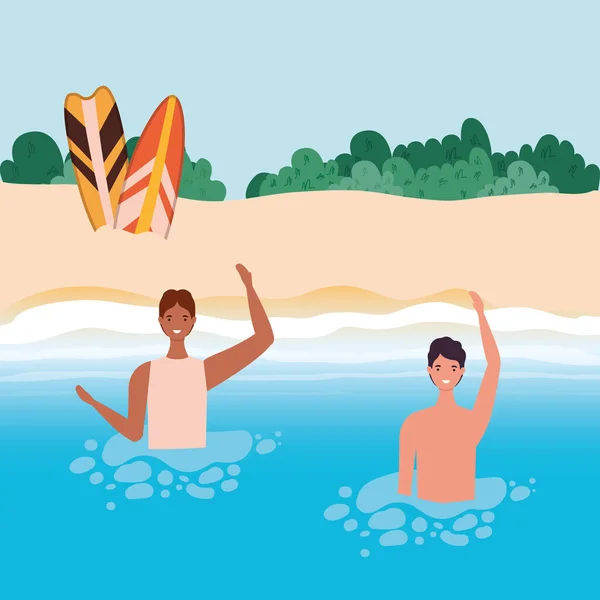 Παιδικά καρτούν με μαγιό στη θάλασσα μπροστά στην παραλία με θάμνους vector design — Διανυσματικό Αρχείο