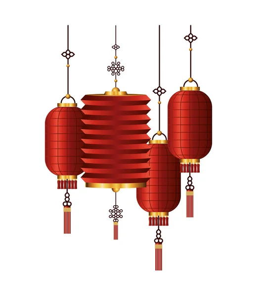 Vermelho chinês com design de vetor de lanternas de ouro — Vetor de Stock