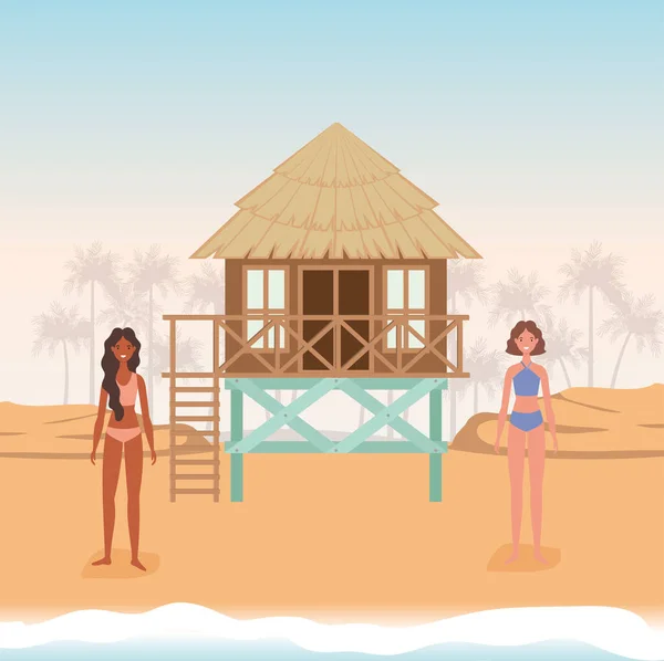 Dibujos animados para niñas con traje de baño en la playa con diseño de vectores de cabaña — Archivo Imágenes Vectoriales