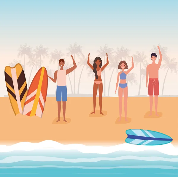 Dibujos animados para niños y niñas con traje de baño en la playa con diseño de vectores de tablas de surf — Archivo Imágenes Vectoriales