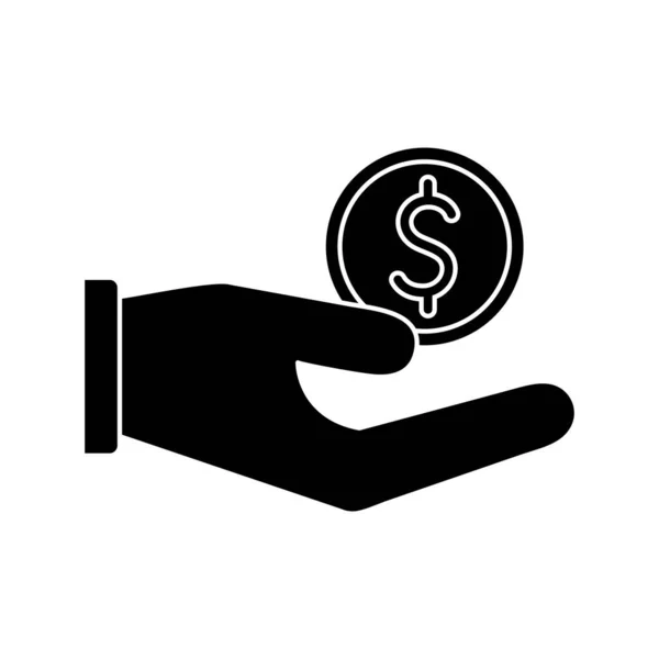 Mão segurando design de vetor ícone estilo silhueta moeda — Vetor de Stock