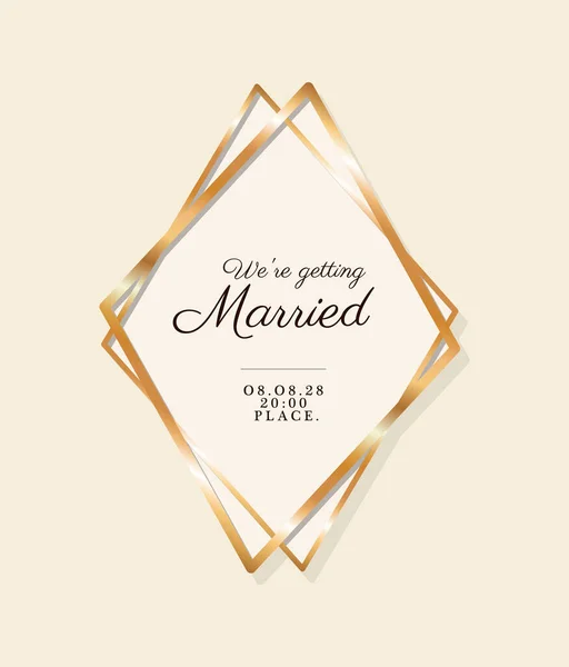 우리 결혼식 초대장 벡터 디자인의 황금 프레임으로 결혼 텍스트를 얻고 있습니다. — 스톡 벡터