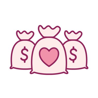 kalp çizgisi olan para çantaları ve biçim ikonu vektör tasarımı