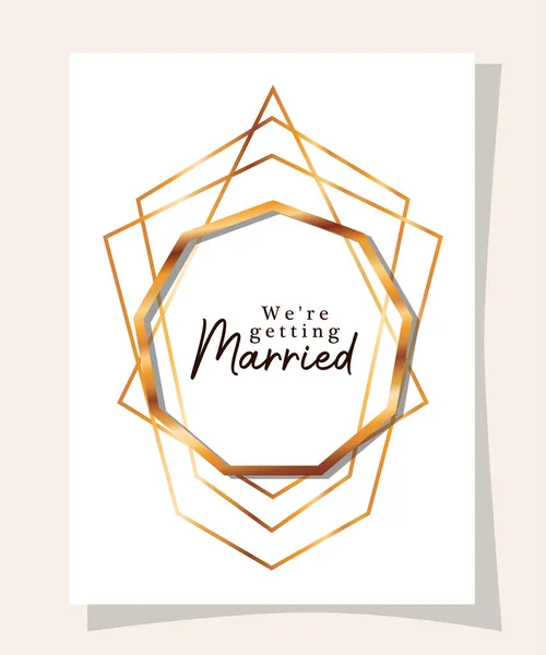 Nos estamos casando texto en el círculo de oro de la boda invitación diseño vectorial — Vector de stock