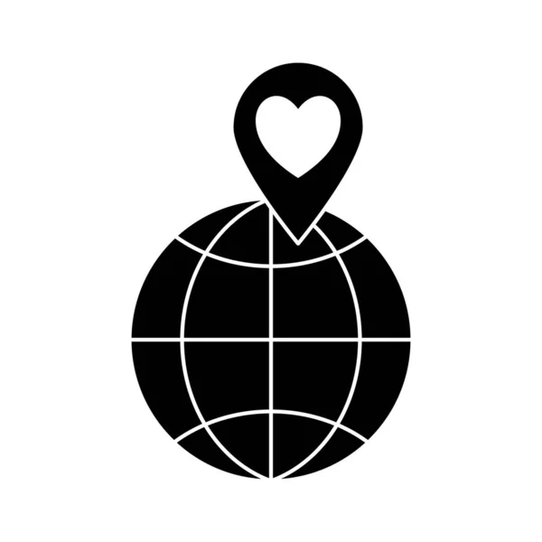 GPSマークのシルエットのアイコンベクトルデザインで心を持つグローバルスフィア — ストックベクタ