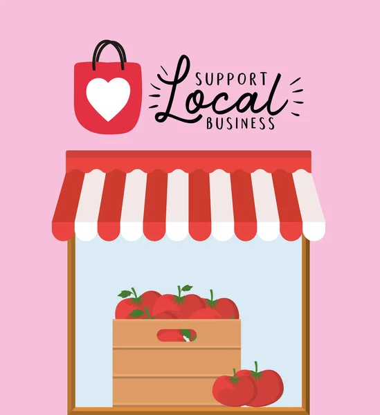 Tienda con tomates dentro de la caja y apoyar el diseño de vectores de negocios locales — Archivo Imágenes Vectoriales