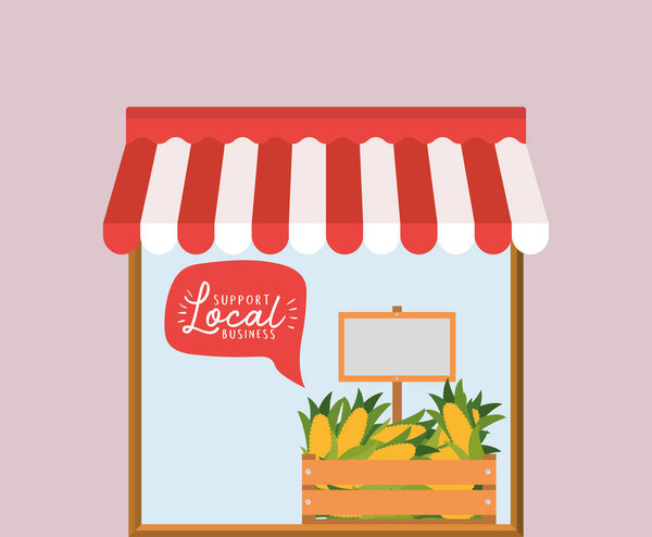 хранить с мозолями внутри коробки и поддерживать местный бизнес внутри векторного дизайна пузыря