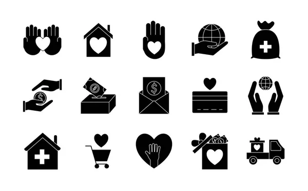Caridad silueta estilo conjunto de iconos vector de diseño — Vector de stock