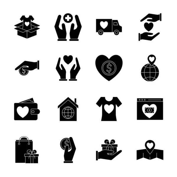 Charity silhouet stijl pictogrammen collectie vector ontwerp — Stockvector