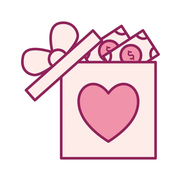 Coeur en cadeau avec ligne de factures et design vectoriel icône de style de remplissage — Image vectorielle
