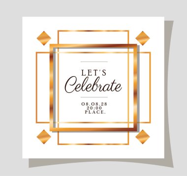 Düğün davetiyesi vektör tasarımının altın çerçevesiyle metni kutlayalım.