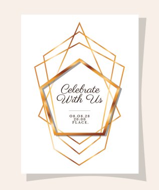 Düğün davetiyesi vektör tasarımının altın çerçevesiyle bizimle birlikte kutlayın.