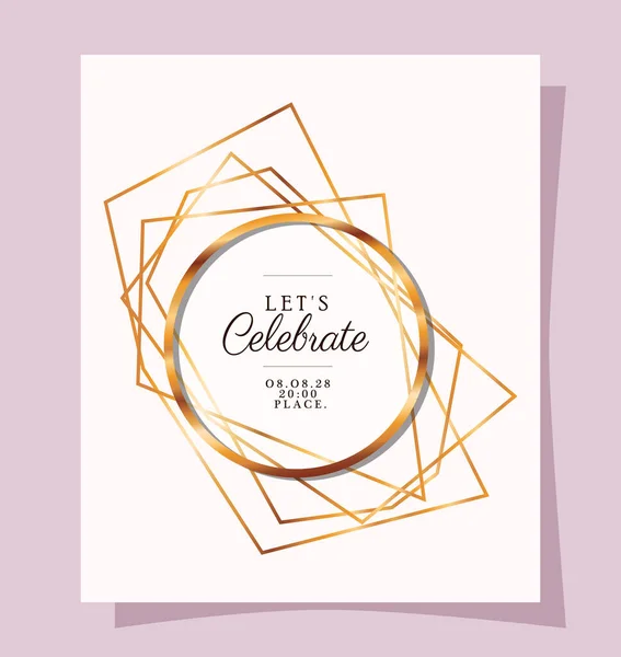 Lässt Text im Goldkreis des Hochzeitseinladungsvektordesigns feiern — Stockvektor