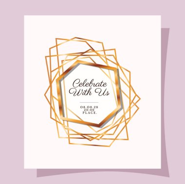 Düğün davetiyesi vektör tasarımının altın çerçevesiyle bizimle birlikte kutlayın.