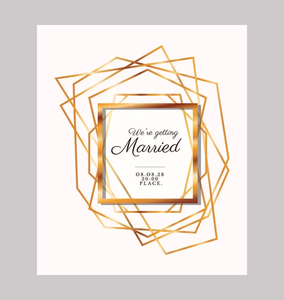 We gaan trouwen tekst in gouden frame van Wedding uitnodiging vector ontwerp — Stockvector