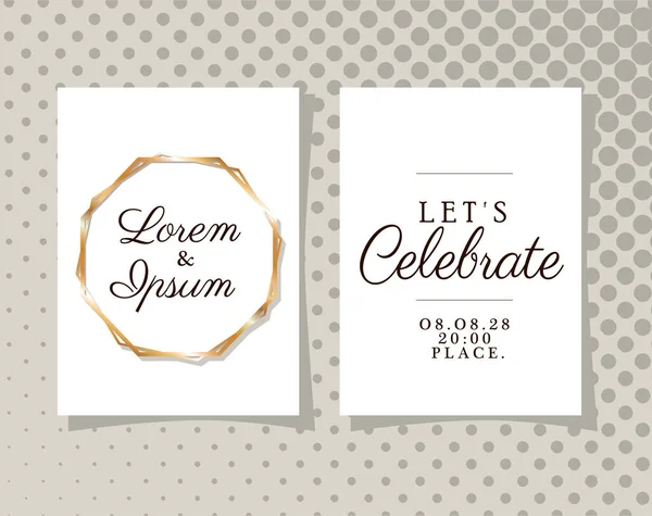 Two wedding invitations with gold frames on gray pointed background vector design — Stock Vector