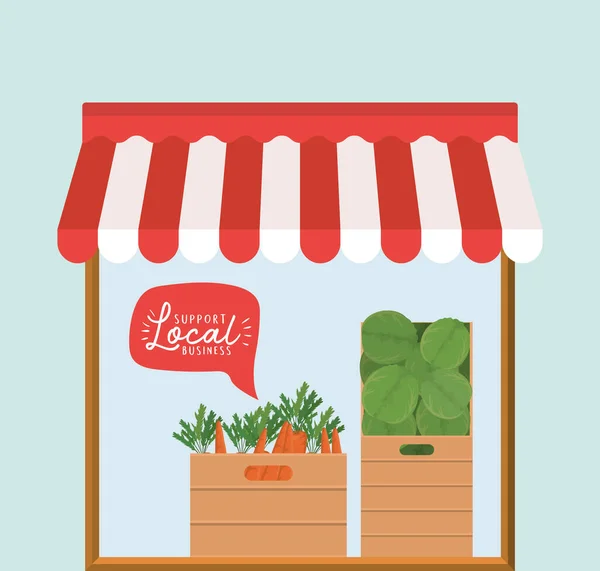 Tienda con verduras dentro de las cajas y apoyar a los negocios locales dentro del diseño de vectores de burbujas — Vector de stock
