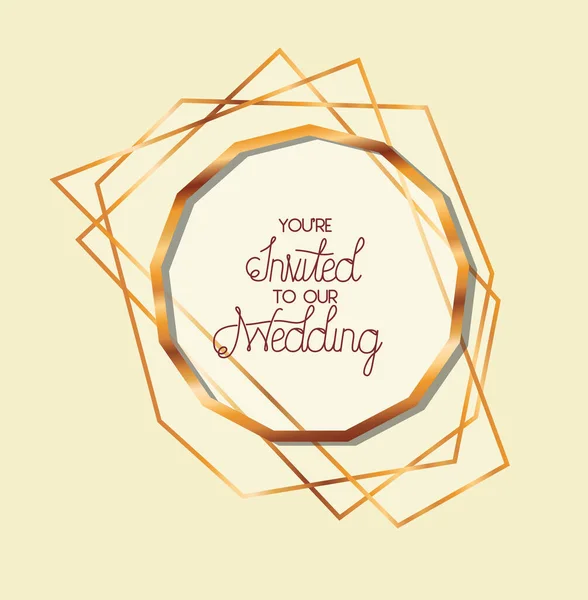 Usted está invitado a nuestro texto de la boda en marco de oro de la boda de la invitación de diseño vectorial — Archivo Imágenes Vectoriales