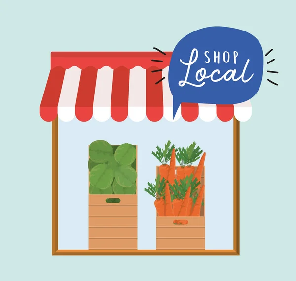 Tienda con verduras dentro de cajas y tienda local dentro de diseño de vectores de burbujas — Vector de stock