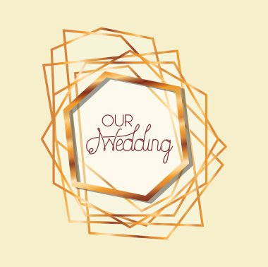 Düğün davetiyesi vektör tasarımının altın çerçeveli düğün metnimiz