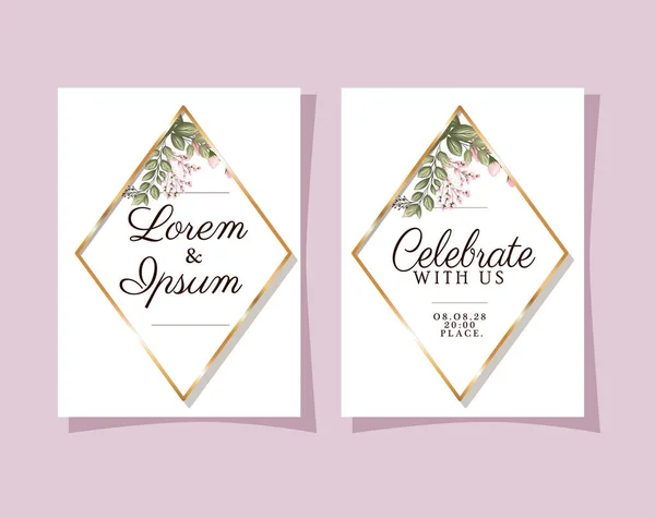 Twee bruiloft uitnodigingen met gouden lijsten op roze achtergrond vector ontwerp — Stockvector
