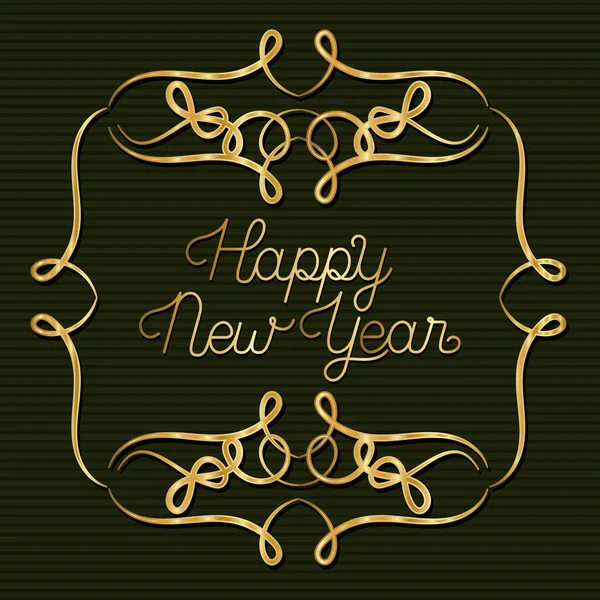 绿色背景矢量设计中装饰金框的新年快乐 — 图库矢量图片