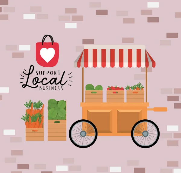 Carro con verduras dentro de las cajas y apoyar el diseño de vectores de negocios locales — Vector de stock