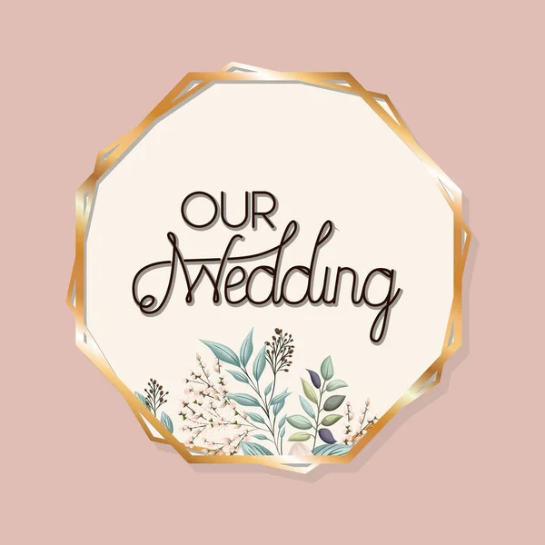 Esküvői szöveg arany kör levelek vektor design — Stock Vector