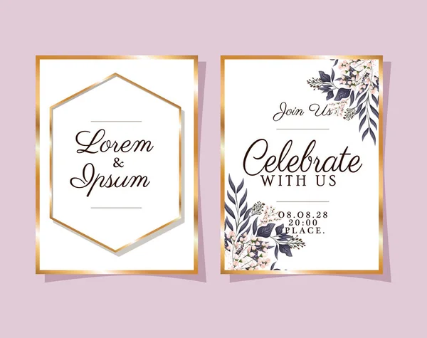 Δύο προσκλήσεις γάμου με χρυσά πλαίσια σε ροζ φόντο διάνυσμα σχεδιασμό — Διανυσματικό Αρχείο