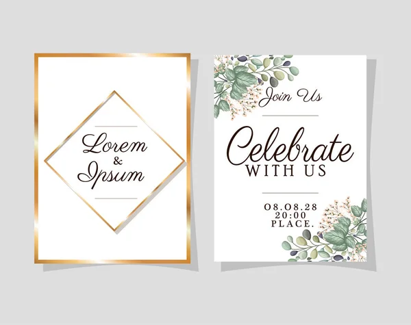 Twee bruiloft uitnodigingen met gouden lijsten op blauwe achtergrond vector ontwerp — Stockvector