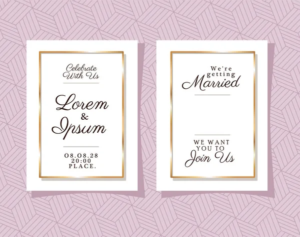 Twee bruiloft uitnodigingen met gouden frames op roze patroon achtergrond vector ontwerp — Stockvector