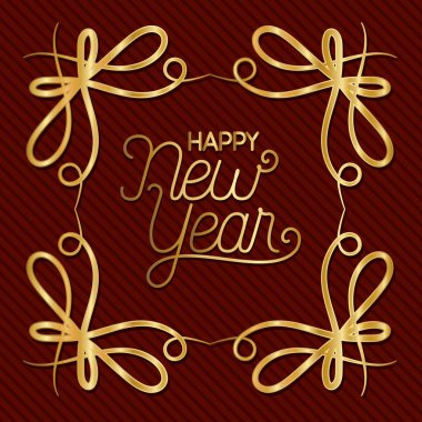 Kırmızı arkaplan vektör tasarımındaki süs altın çerçevesinde mutlu yıllar
