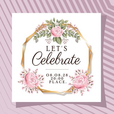 Altın çerçeveli metni gül çiçek vektör tasarımı ile kutlayalım.