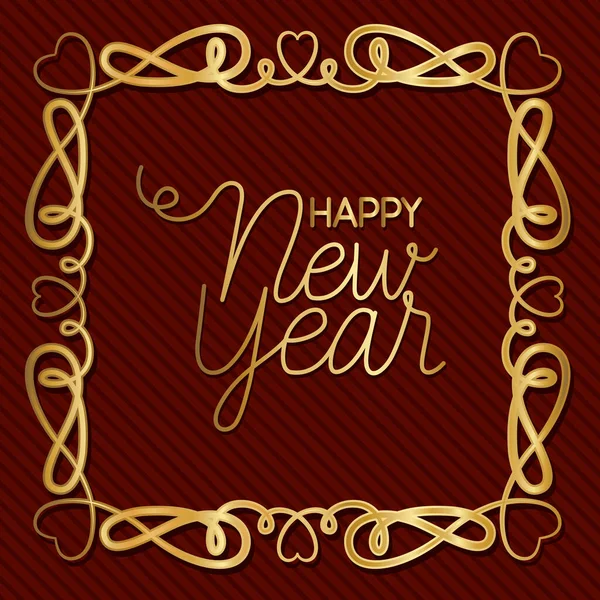 Felice anno nuovo in cornice d'oro ornamento su sfondo rosso disegno vettoriale — Vettoriale Stock