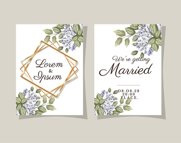 Zwei Hochzeitseinladungen mit goldenen Rahmen auf grauem Hintergrund Vektor-Design — Stockvektor