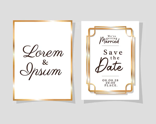 Twee bruiloft uitnodigingen met gouden frames vector ontwerp — Stockvector