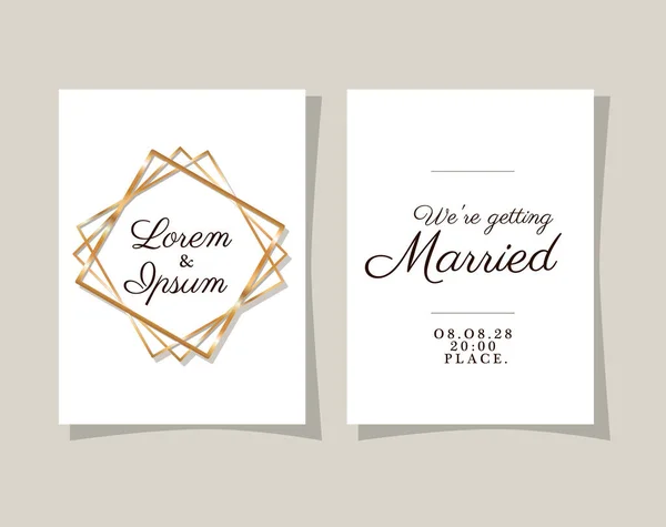 Due inviti di nozze con cornici in oro progettazione vettoriale — Vettoriale Stock