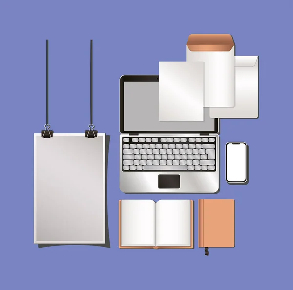 Laptop und Attrappe auf blauem Hintergrund Vektor-Design — Stockvektor